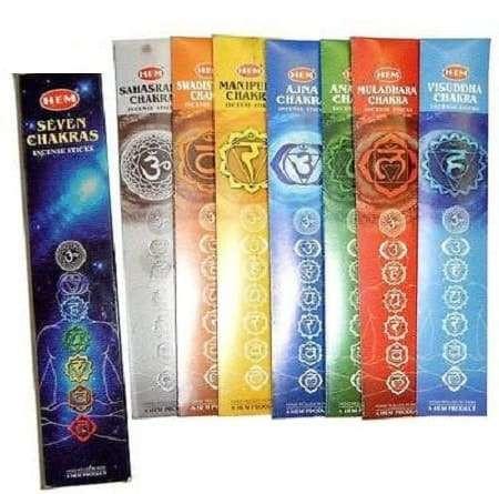 Chakra Incense Collection 1 Chakra Incense Collection, colorful boxes arranged in a row representing different chakra scents including seven chakras, sahasrara, sahasra chakra, manipura chakra, ajna chakra, anahata chakra, muladhara chakra, and visuddha chakra